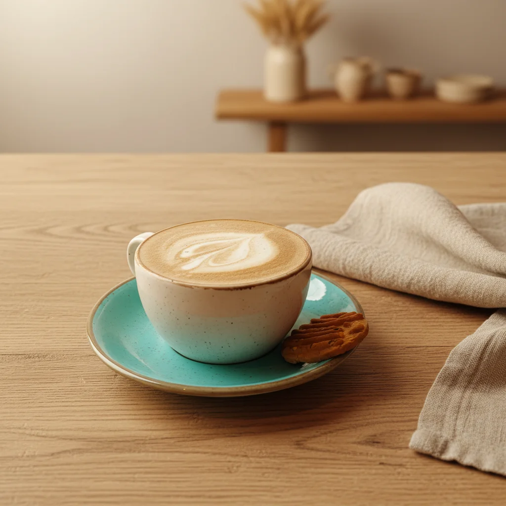 Cappuccino with soft natural window light and rustic wood background