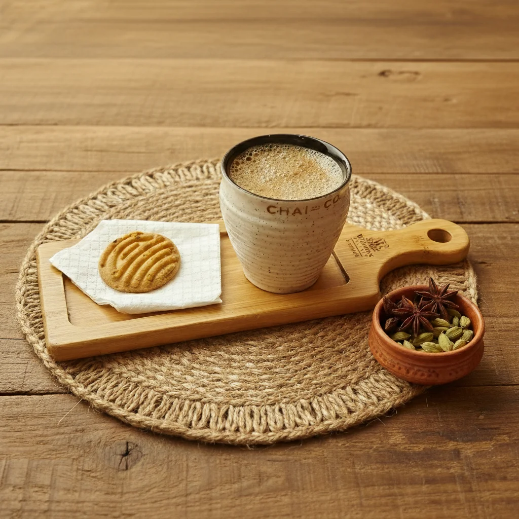 Styled chai latte with cinnamon garnish on warm wooden surface