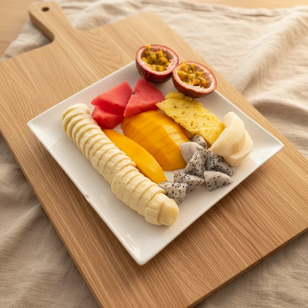 Fruit salad bowl with cozy cafe styling and natural morning light