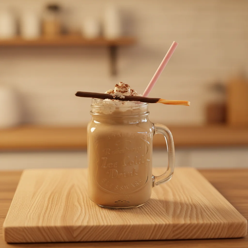 Iced latte with professional cozy cafe styling and warm lighting