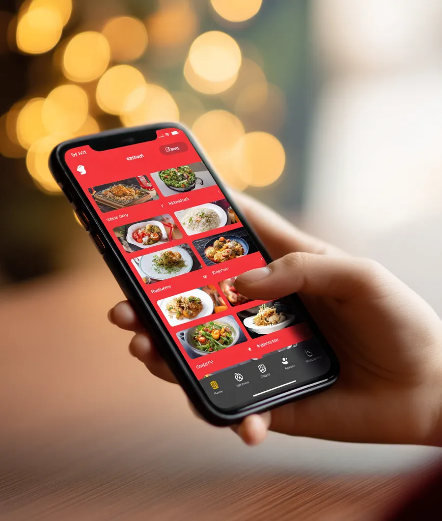Smartphone displaying a food delivery app interface with restaurant menu items and professional food photography