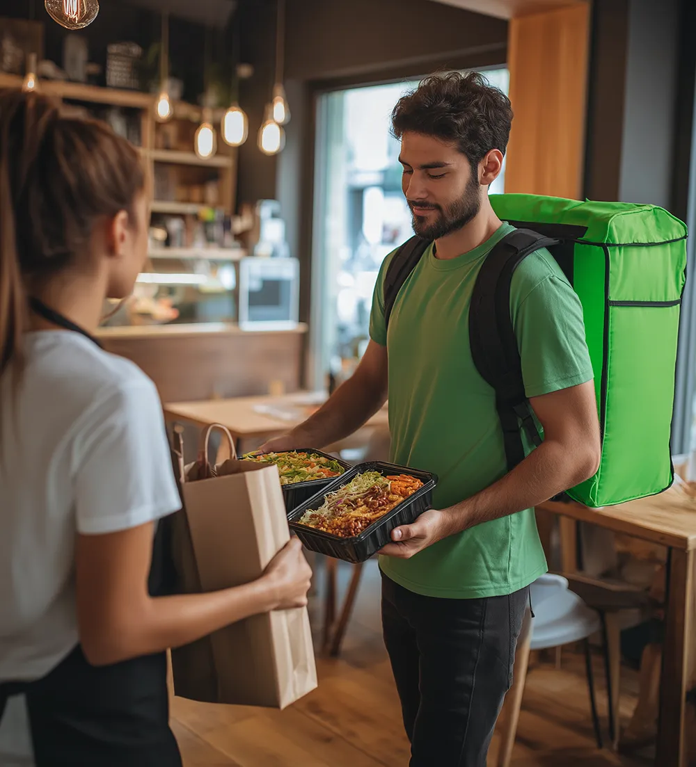 Restaurant kitchen staff packaging a food delivery order with branded containers ready for courier pickup