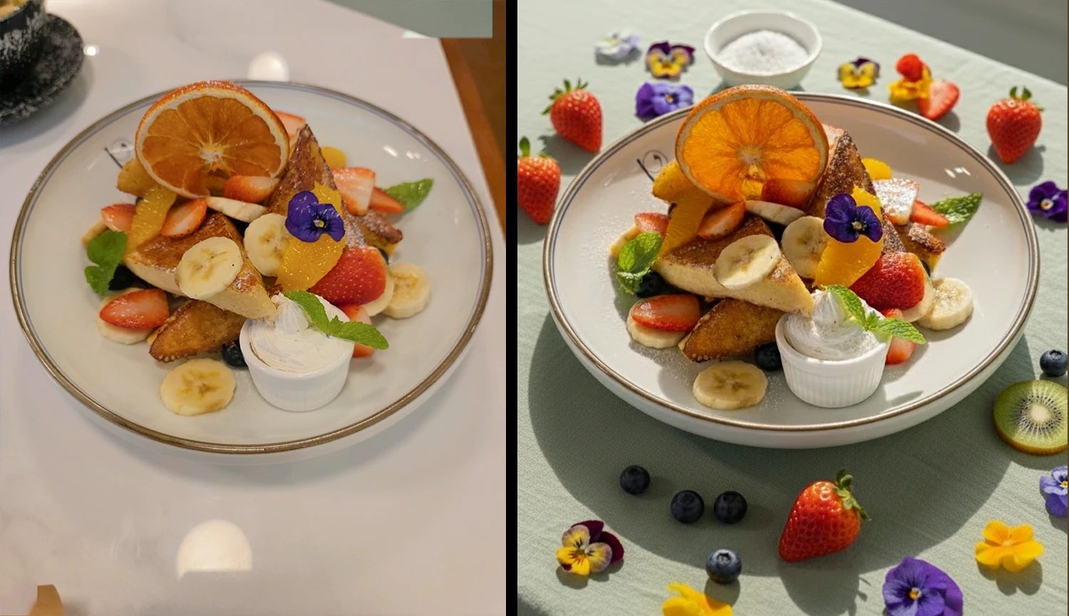 Side-by-side comparison showing generic AI photo enhancement with artificial colors versus GourmetPix enhancement preserving natural food appearance - full
