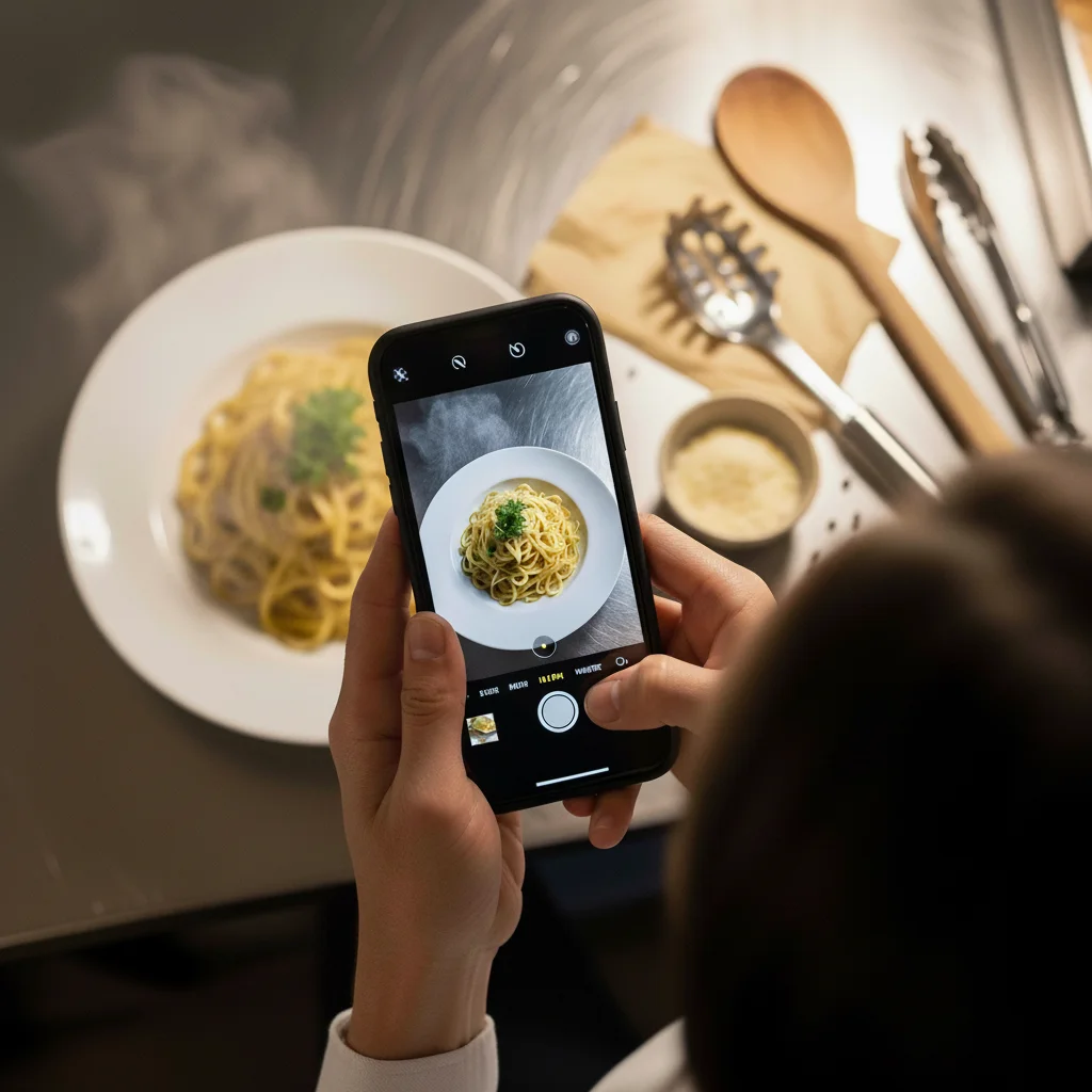 Restaurant owner taking overhead photo of pasta dish with smartphone camera app visible on screen